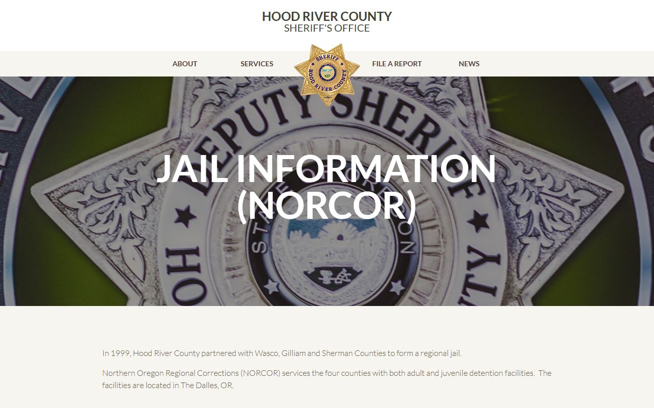 Hood River Sheriff's jail information page listing NORCOR adult and juvenile facilities