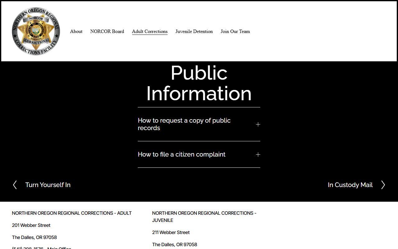 Hood River County booking photo and NORCOR public records request channel