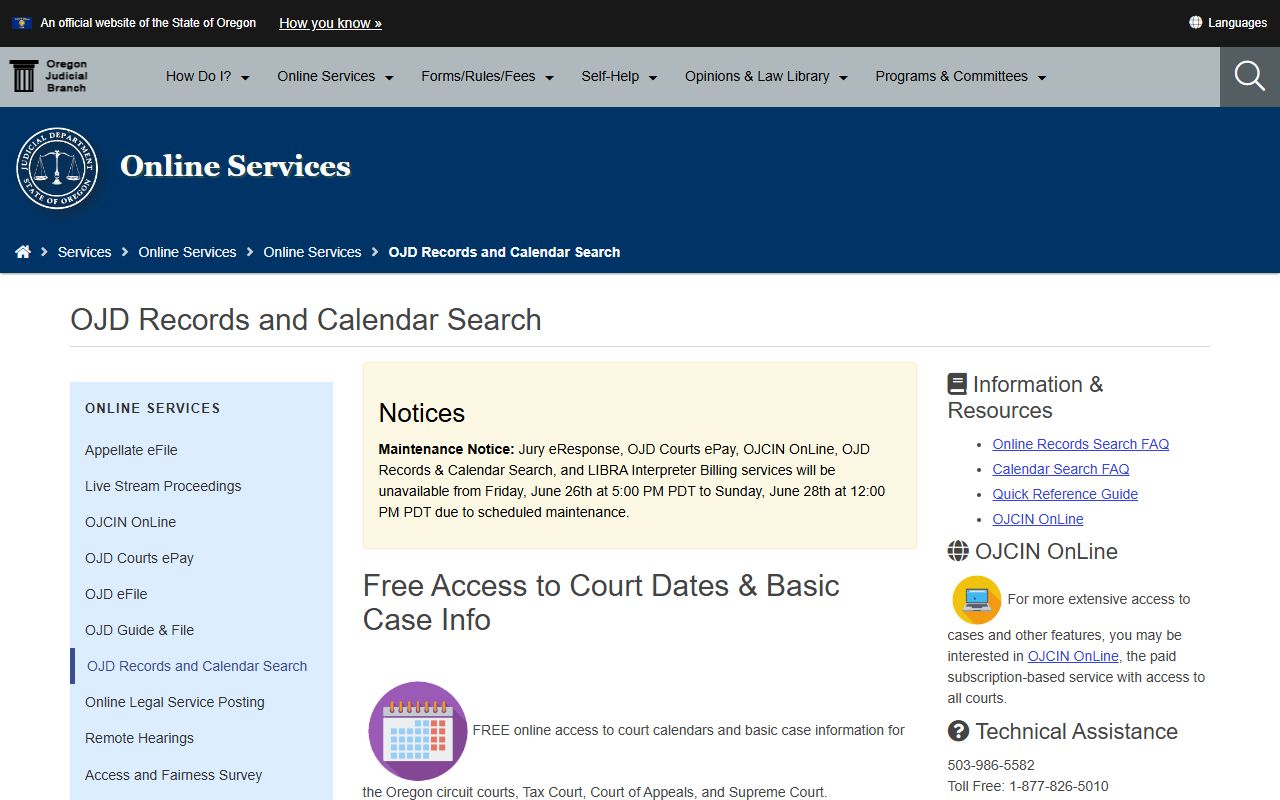 Hood River County court records after jail arrest search through OJD records and calendars